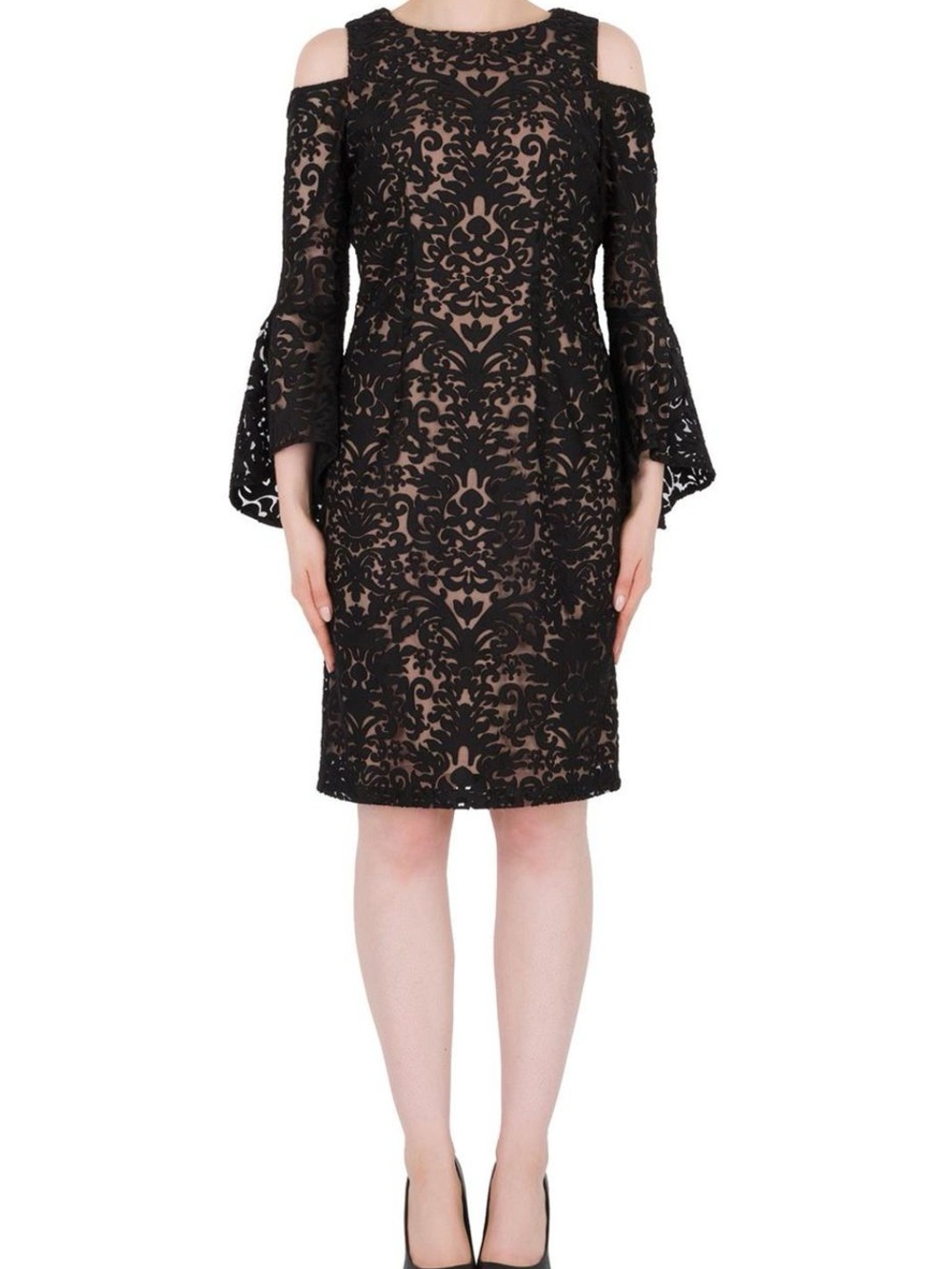 Joseph Ribkoff Dress Cocktail Black lace Off Shoulder Bell Sleeve Nude Lining 8